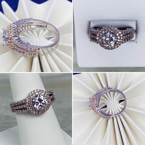 Two Tone Rose Gold Silver Double Halo Round Split Shank Pavé Engagement Ring 7 - Picture 14 of 17